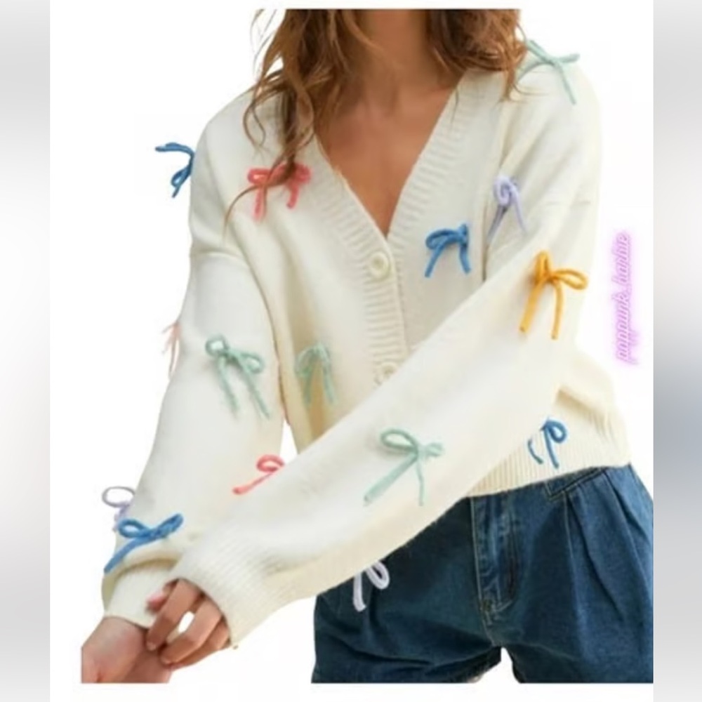 LUNA IVY 3D Colorful Bows Cardigan Sweater